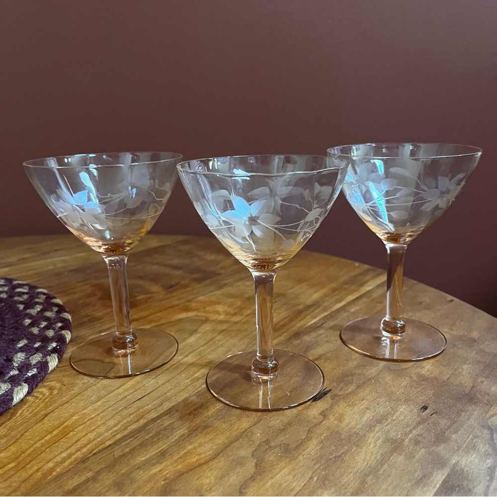 3 Pink Etched Depression Glass Champagne Martini Glasses